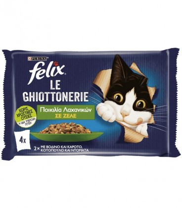 FELIX ΤΡΟΦΗ ΓΑΤΑΣ ΥΓΡΗ ΣΕ ΖΕΛΕ (4Χ85gr) ΠΟΙΚΙΛΙΑ ΛΑΧΑΝΙΚΩΝ ΜΕ ΚΡΕΑΣ 12Χ340gr